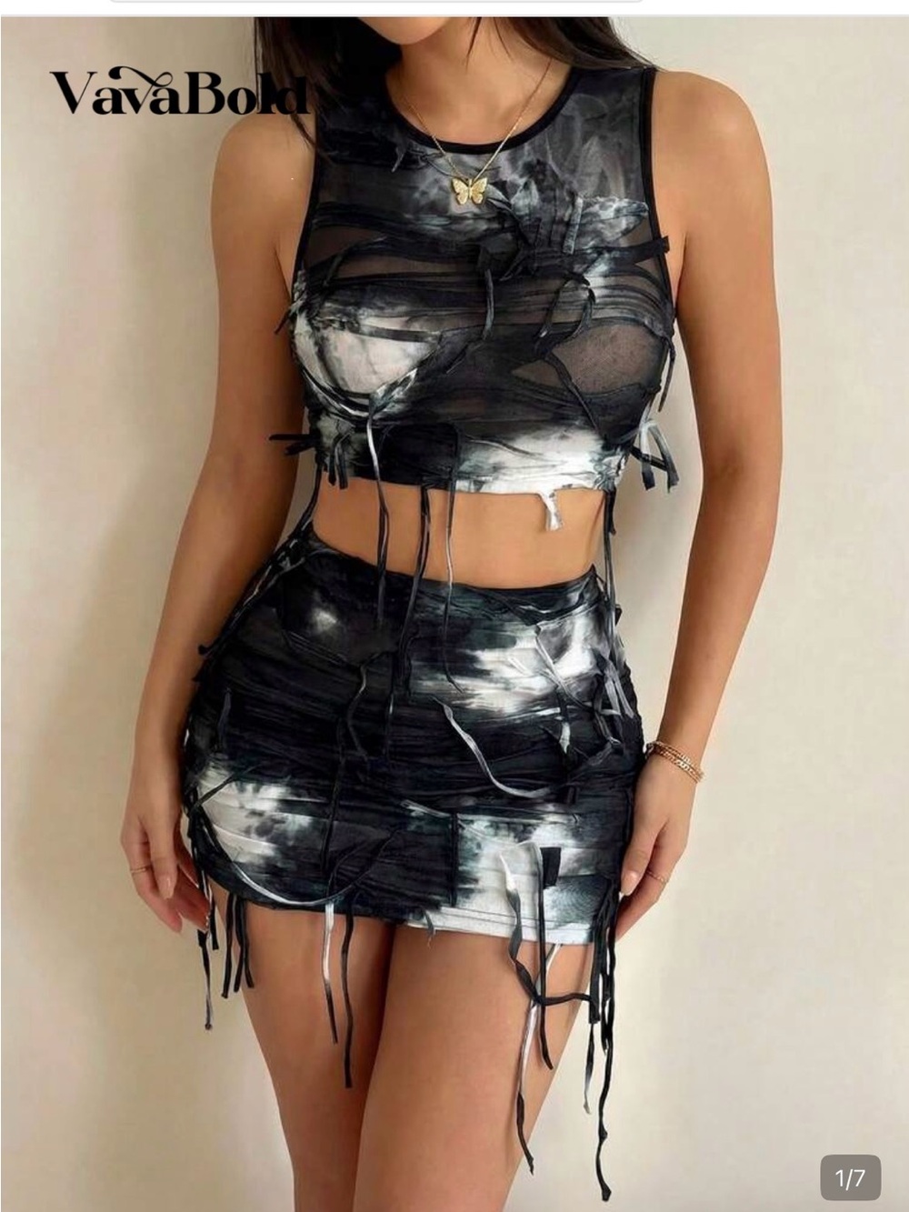 Black & White Tie-Dye Mini Skirt Set